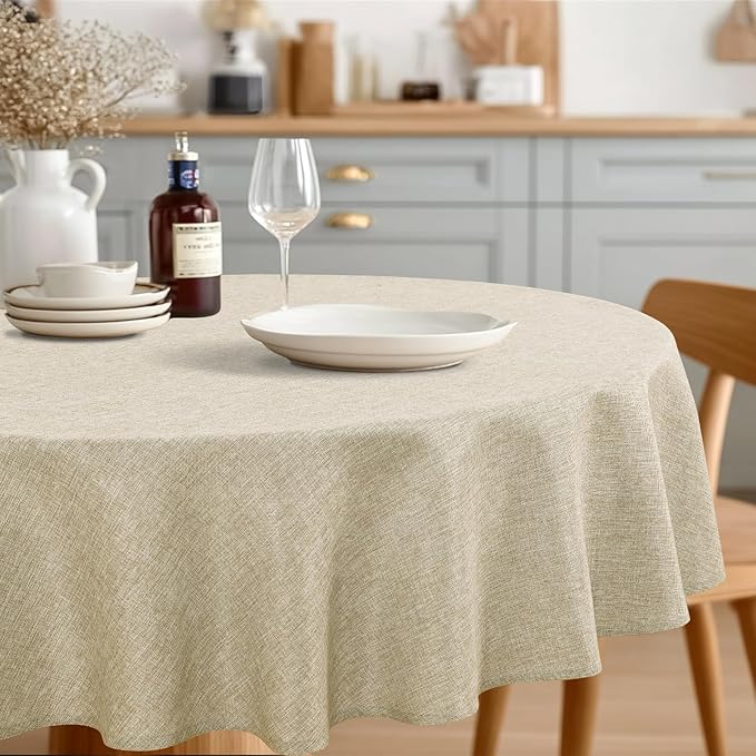 JIUZHEN Faux Linen Round Tablecloths 54 inch, Decorative Wrinkle Free Texture Rustic Circle Table Cloth Cover for Kitchen, Dining, Party, Wedding, Outdoor Use (54 Inch Round,Beige)