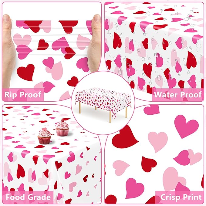 4 Pack Valentines Decorations, 108" X 54" Valentines Tablecloths, Heart-shaped Disposable Red Pink Tablecloths Love Plastic Table Cover, Galentines Decorations Party Supplies for Wedding Birthday