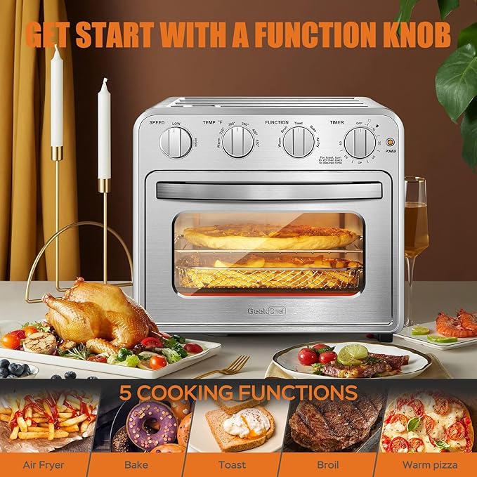 Geek Chef 16QT Air Fryer Toaster Oven, Convection Air Fryer Toaster Countertop Oven, with Bake, Toast, Broil and Warm Functions, Stainless Steel Electric Hot Oven Combo for Healthy Meals