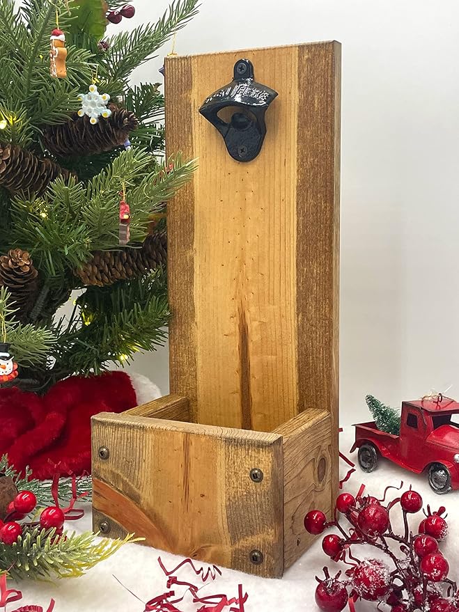 Bottle Opener with Dropbox Cap Catcher - Wall Mount or Freestanding - Laser Engraved - Personalized Christmas Gift idea for men Rustic Wood Groomsmen Gift Sets, Wedding and Anniversary Presents