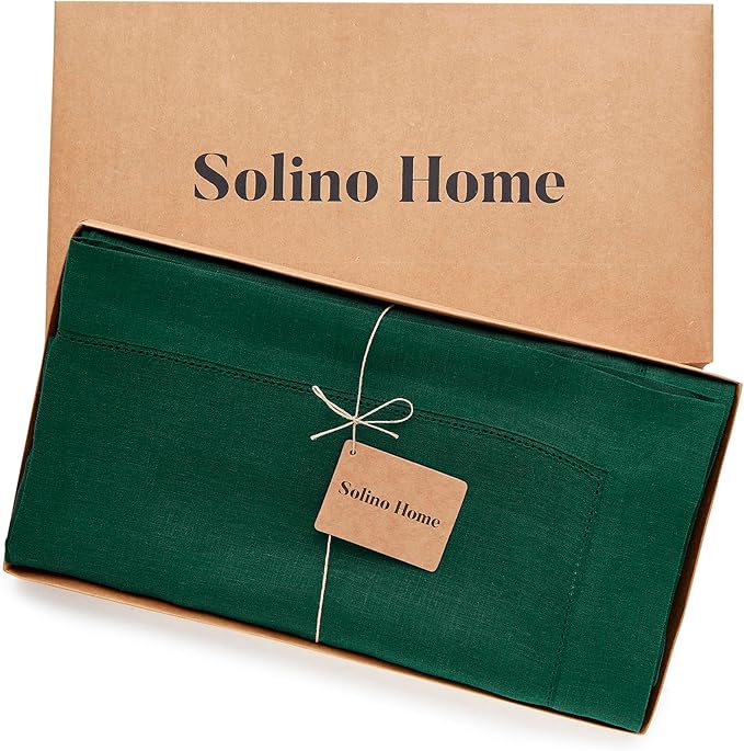 Solino Home Linen Tablecloth for Rectangle Tables 60 x 132 Inch - Classic Hemstitch 100% Pure Linen Rainforest Green Table Cloth - Machine Washable Cloth Tablecloth for Winter, St Patricks Day