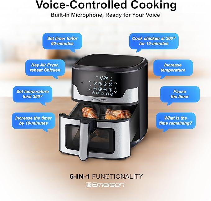 Emerson SmartVoice 5.3QT 6-in-1 Air Fryer, 1000+ Voice Control Commands, 100+ Recognized Food, No APP, No WIFI, No Setup, Nonstick Basket, Air Fry, Bake, Reheat, Dehydrate, 1500W