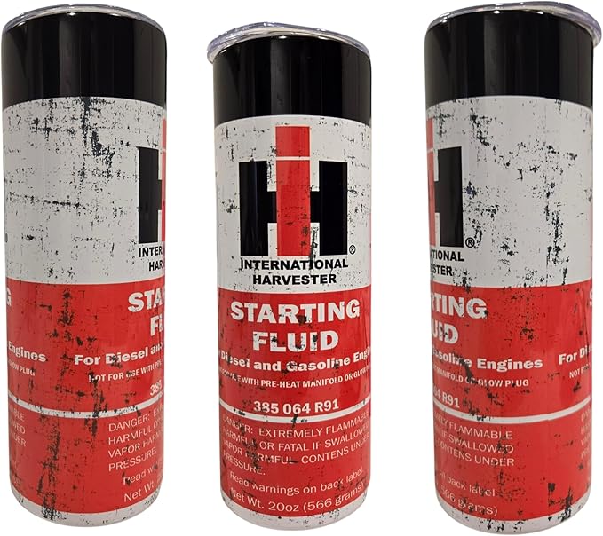 20 oz Shop Garage Man Cave Tractor Starting Fluid Farm Country IH Travel mug Oil Tumbler cups (Stainless Black Lid Look)