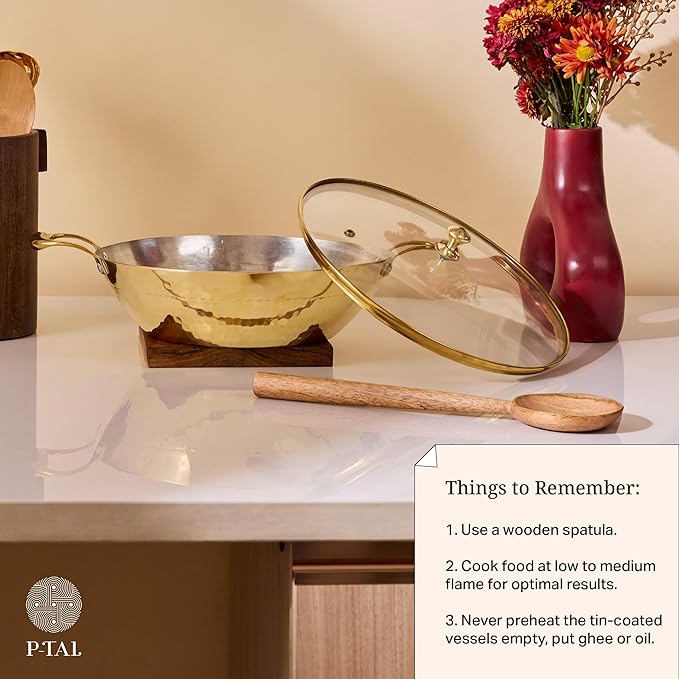 P-TAL Brass Wok With a Lid, Kadhai, Nonstick Wok Pan with a Tin Coating, Non-Toxic Cookware with Ayurvedic Health Benefits, PFOA and PFAS Free (Glass Lid Flat Base)