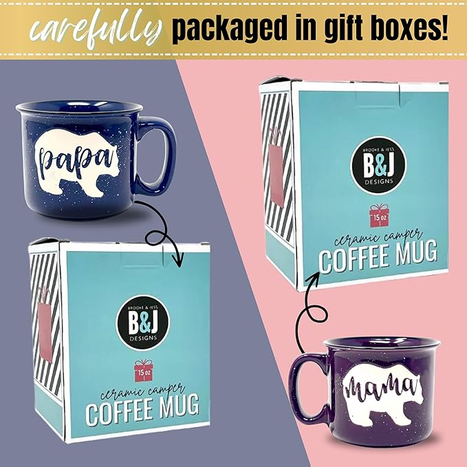 Mama Bear & Papa Bear 15 oz Coffee Mug Set - Cute Coffee Cup Gift Set for Men and Women - Unique Fun Gifts for Couples, Parents, Grandparents for Birthdays, Mother's Day, Father's Day, Christmas