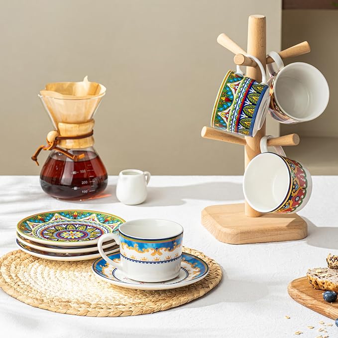 UNICASA Ceramic Coffee Cup with Saucers, 6 oz Colorful Mugs with Dishes, Porcelain Cups Set of 4 for Latte, Cappuccino, Tea, Boho Style, Microwave & Dishwasher Safe