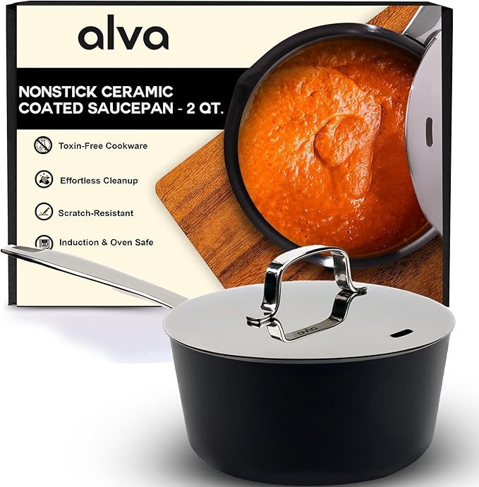 Alva Maestro 2QT Ceramic Nonstick Saucepan with Lid – Non-Toxic Easy to Clean Pot, Oven Safe, and Induction Ready – Belgian-Designed for Effortless, Healthy Everyday Cooking