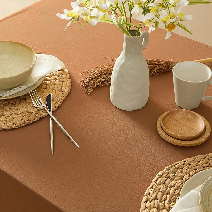 MONDAY MOOSE Ruffle Farmhouse Rustic Rectangle Natural Stonewashed Cotton Tablecloth for Kitchen, Dining Room, Restaurant (60x102 inch, Cinnamon)