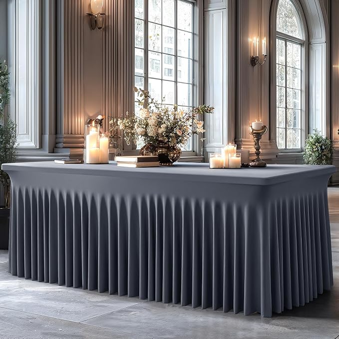 6 Packs Grey Spandex Tableclothes for 8 Foot Rectangle Table, Spandex Table Covers 8FT Stretch Table Skirts Wrinkle Free Fitted Table Cloth for Event, Wedding, Banquet & Parties