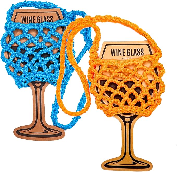 2 Pack Cotton Crochet Wine Lanyard Holder for Wine Festival Lovers Gifts in Azure Blue-Orange