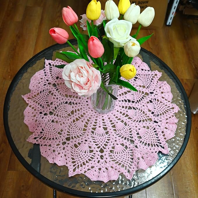 BIBITIME Lace Tablecloth Doily Handmade Crochet Placemat Women Vase Mat Kitchen Table Runner (2PCS- 18 in to 20 in, Pink)