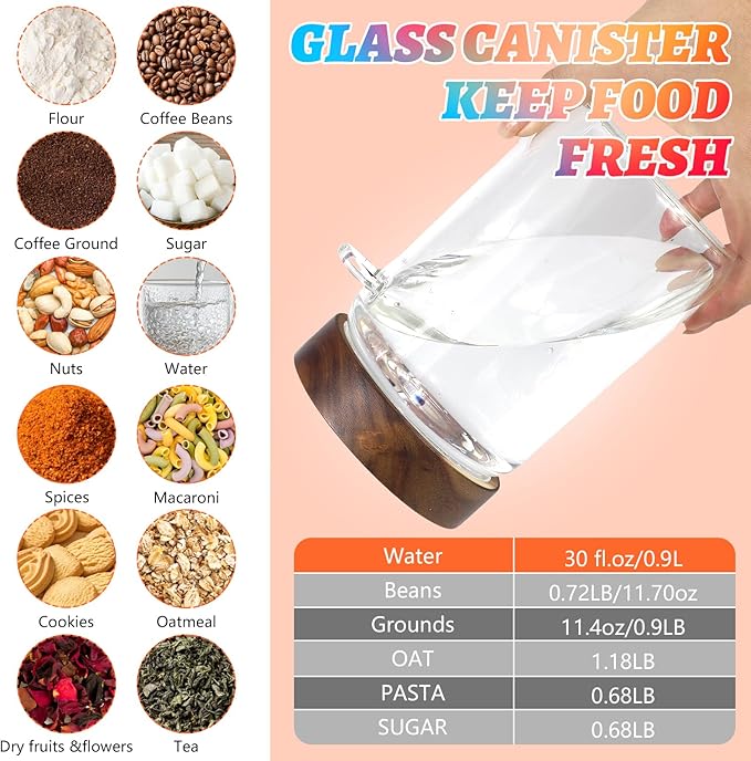 Glass Jars with Airtight Lid Scoop30oz, Glass Coffee Ground Jar Container Round Clear Glass Storage Canister for Bean Spice Pantry Sugar Tea Seasoning Cookies Candy Chocolate (900ml(30oz)-1 Pack-B)
