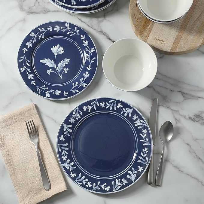 Martha Stewart Maiden Crown 12-Piece Sky Blue Dinnerware Set – New Bone China Ceramic Plates & Bowls – Floral Design – Service for 4 – Microwave & Dishwasher Safe