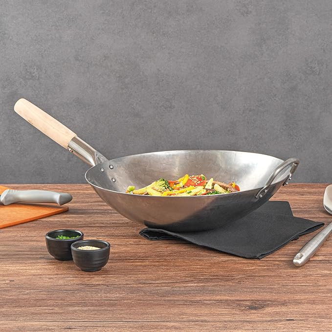 Motomori 14 Inch Hand-Hammered Carbon Steel Woks, 10 Traditional Japanese Woks - Round Bottom, Wooden Handle, Black Carbon Steel Traditional Stir Fry Pans, With Helper Handle - Restaurantware