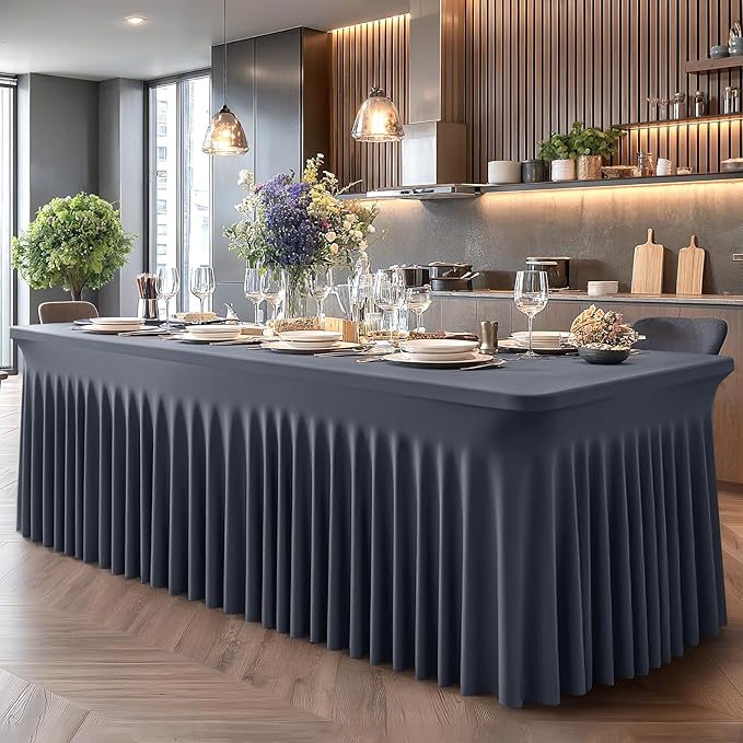 2 Packs Grey Spandex Tableclothes for 6 Foot Rectangle Table, Spandex Table Covers 6FT Stretch Table Skirts Wrinkle Free Fitted Table Cloth for Event, Wedding, Banquet & Parties