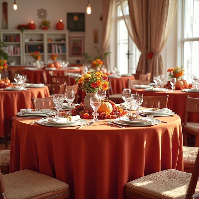 sancua Thanksgiving Round Tablecloth 108 Inch Diameter, 8 Pack Rust Circle Polyester Fabric Fall Table Cloth for Holiday Party Reception, Washable Table Cover Burnt Orange (Fit 42-96 Inch Tables)