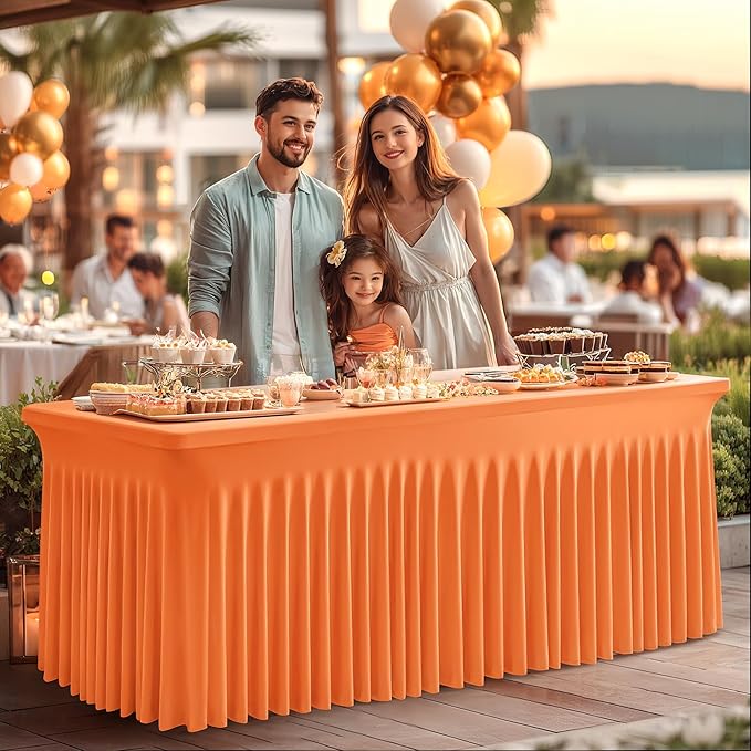 2 Packs Orange Spandex Tableclothes for 8 Foot Rectangle Table, Spandex Table Covers 8FT Stretch Table Skirts Rectangle Wrinkle Free Fitted Tablecover for Event, Wedding, Banquet & Parties