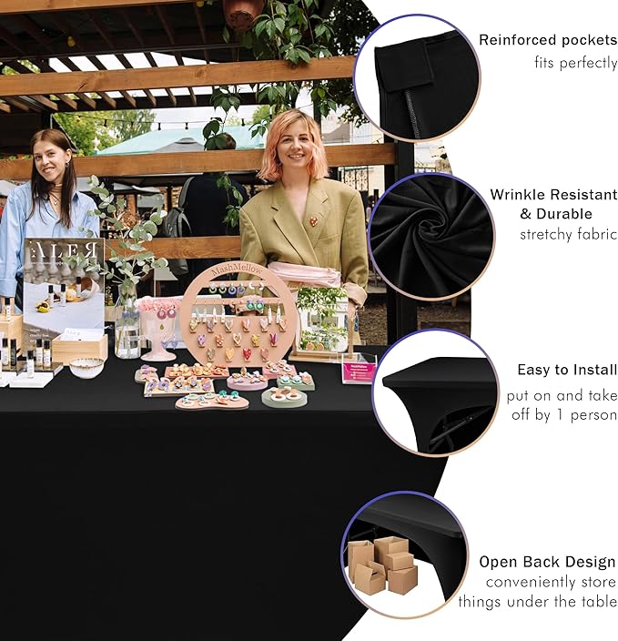 Nasitos 4 Pack 4FT Fitted Table Cloth for Rectangle Tables-Open Back Stretch Black Table Covers, Spandex Table Clothes Washable for Party, Craft Show, Wedding, Festival, Banquet, Vendor Booth