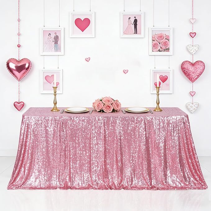 Eternal Beauty Fuchsia Pink Tablecloth, 90x156 Inch Sequin Rectangle Table Cover for Valentines Cake Dessert Exhibition Party Birthday Events