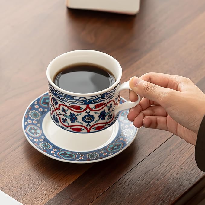 Ceramic Coffee Mug with Saucer 10 OZ Turkish Iznik Rose Flower Porcelain Coffee Cup Set for Home Office Women Men Gifts CM02
