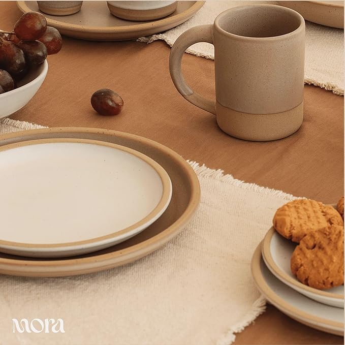 MORA Medium Plates Set of 4, 8.5 inch Ceramic Pottery Salad Plates - Microwave, Oven and Dishwasher Safe - Oat