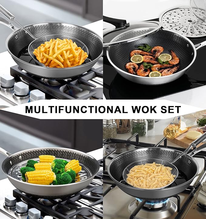 MICHELANGELO Wok Pan with Lid, 12 Inch Stainless Steel Wok with Spider Strainer and Steaming Rack, Honeycomb & Stir-fry Pans Flat Bottom Wok Induction Compatible, Dishwasher and Oven Safe