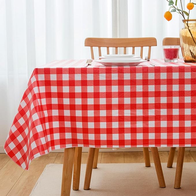 Nasitos 2 Pack Vinyl Table Cloth Flannel Backed 60x102 Inch-Rectangle Waterproof Tablecloth Checkered Red and White, Wipeable Plastic Table Cover for Dinner Party, Kitchen, Outdoor