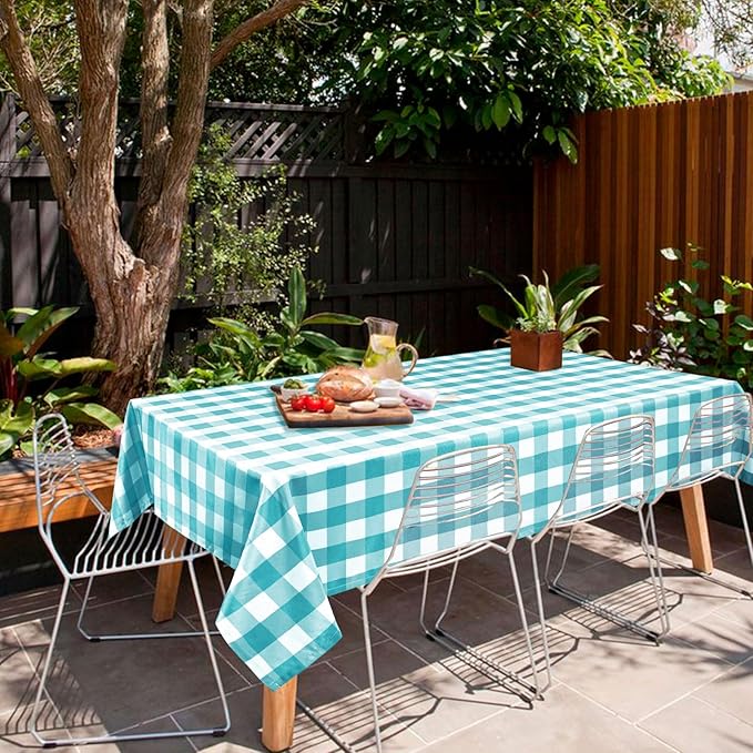 Hiasan 60 x 120 Inch Checkered Tablecloth Rectangle - Waterproof, Wrinkle Resistant and Washable Gingham Table Cloth for Outdoor Picnic, Kitchen and Holiday Dinner, Turquoise and White