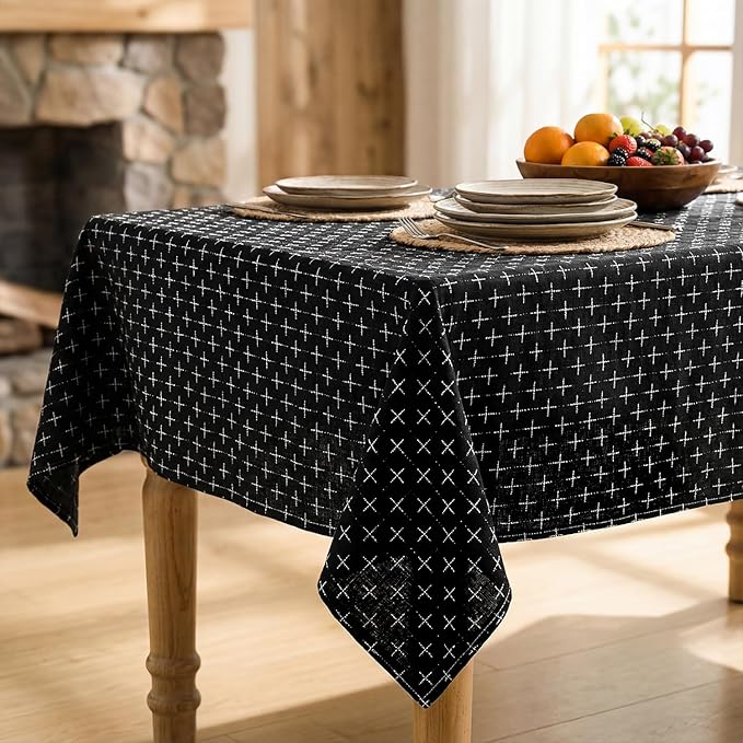 Horaldaily Black Rectangular Table Cloth, Cross-Star Solid Textured Embroidery Tablecloth, Wrinkle Free Washable 60×104 Inch Table Cover for Kitchen, Party, Wedding, Picnic, Outdoor