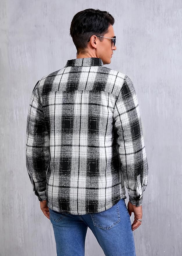 Men's Cotton Sherpa Lined Button Down Flannel Shirt Jacket Plaid Soft Outdoor Flannel Jacket Shirt