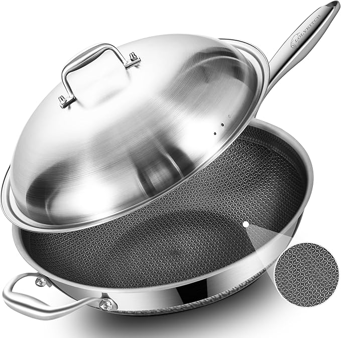 LOLYKITCH 14.5 Inch Nonstick Tri-Ply Stainless Steel Wok with Steel Lid, Large Flat Bottom Stir Fry Pan for Induction, Gas & Electric - PFOA Free, Dishwasher & Oven Safe, Detachable Handle