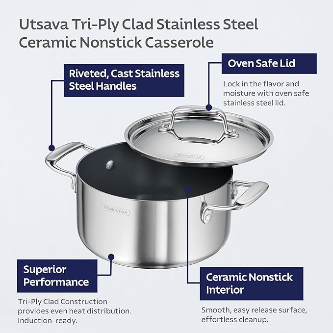 Tramontina Utsava Tri-Ply Clad Stainless Steel 5-Quart Casserole with Lid and Ceramic Non Stick Interior, Induction-Ready Dutch Oven Pot