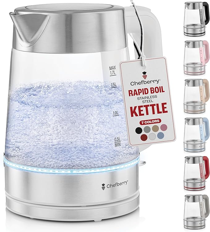 Electric Kettle for Boiling Hot Tea & Water | 1.7L Stainless Steel Borosilicate Glass Boiler With No Plastic, Automatic Shutoff, BPA Free, Fast Heating Technology (White)