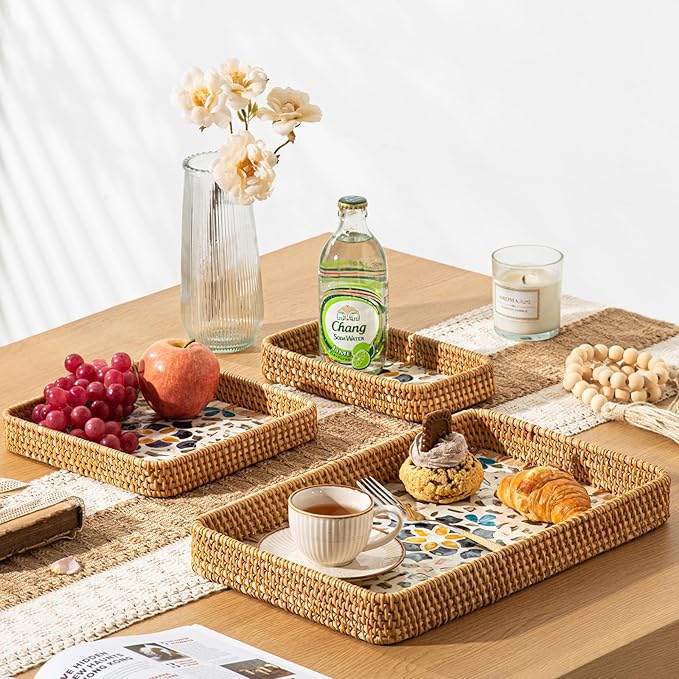 Set of 3 Rectangle Rattan Trays for Decor, Wicker Serving Tray Boho, Hand-Woven from Natural Rattan with Mother of Pearl Inlay, Vintage Woven Decorative Table Trays for Kitchen Counter, Dining Table