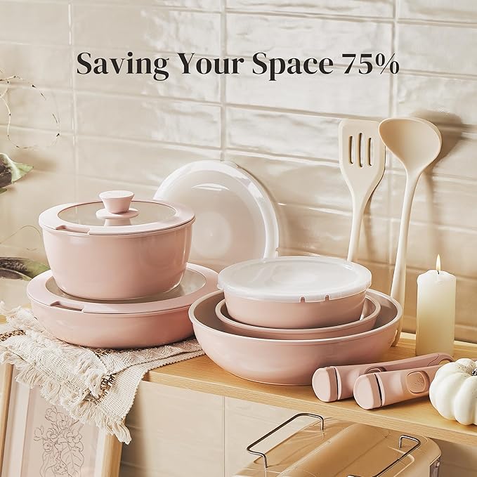 Redchef 16pcs Ceramic Pots and Pans Set Non Stick, Nonstick Kitchen Cookware Set with Detachable Handle, Non Toxic, PFAS PFOA & PTFE Free, RV Cookware Set for Camping, Dishwasher/Oven Safe (Pink)