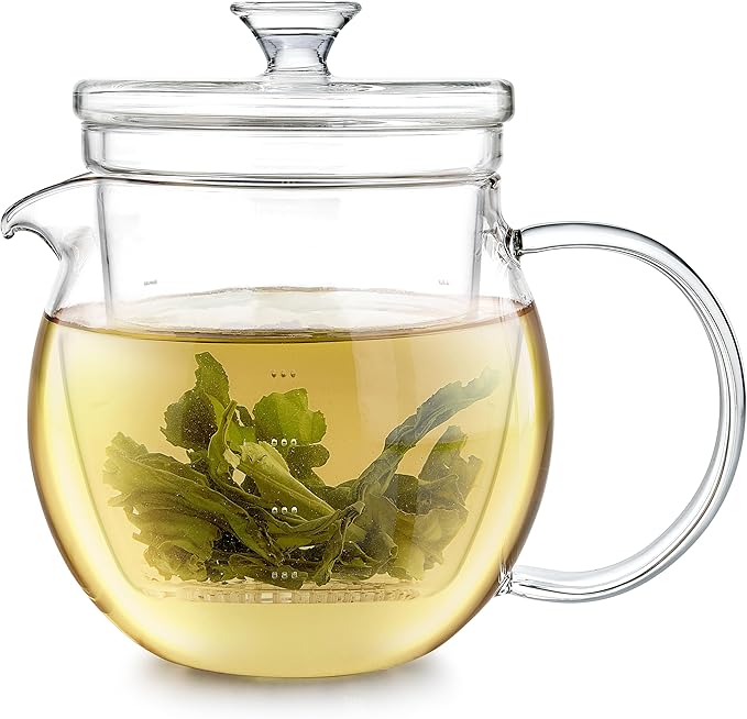 Teabloom Gardenia Glass Teapot with Infuser – 100% Borosilicate Glass, Microdot Infuser for Loose Leaf Tea, 27 oz (3-Cup) Capacity, Plastic-Free & Lead-Free, Stovetop Safe