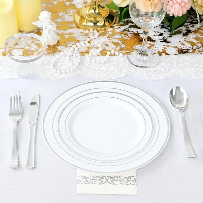 700 Piece Dinnerware Set for Wedding & Party,100 Guest RimPlastic Plates,100 Plastic Silverware,100 Cups,100 Linen Like Napkins (Rose Glod) lkj