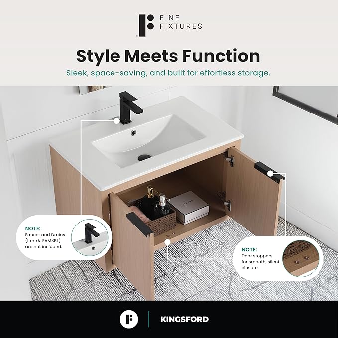 Fine Fixtures Kingsford Modern 30 Inch Bathroom Vanity with Sink, White Oak Finish, Elegant Bathroom Vanities for Modern Homes, Stylish Storage Solutions for Bathrooms