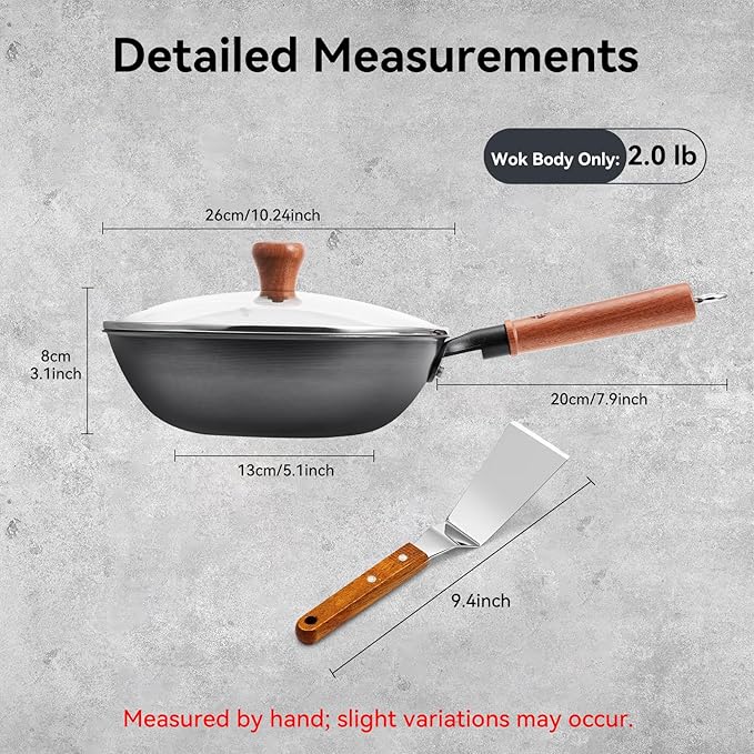 WANGYUANJI 10.2-Inch Lightweight Carbon Steel Wok, Flat Bottom Stir Fry Pan, No Chemical Coating, with Glass Lid, Spatula & Detachable Wooden Handle, for Gas, Electric & Induction