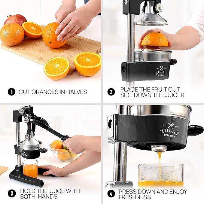 Zulay Kitchen Cast Iron Juicer - Easy-to-Clean Heavy-Duty Manual Juicer, Professional Citrus Juicer - Stainless Steel Lemon Squeezer - Manual Citrus Press & Orange Squeezer - Orange Juicer (Black)