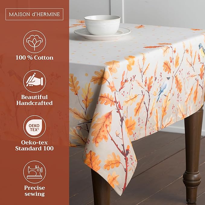 Maison d' Hermine Table Cloth Rectangle Table 100% Cotton 70 x 90 Inches Fall Tablecloth Reusable Everyday Use for Thanksgiving Christmas Decorations Dining Farmhouse Party (Oak Leaves)
