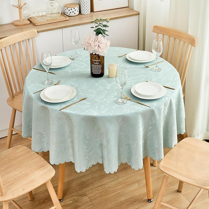 Round Tablecloth Jacquard Table Cloth Leaves Pattern Scalloped Edge Soft Waterproof Washable Fabric 50 Inch Tables Cover for 20-38"Dinning Table Outdoor Party Kitchen Dining Decor (AQUA)