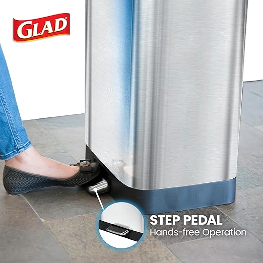 Glad GLD-74506 Stainless Steel Step Trash Can with Clorox Odor Protection | Large Metal Kitchen Garbage Bin with Soft Close Lid, Foot Pedal and Waste Bag Roll Holder, 13 Gallon, Stainless