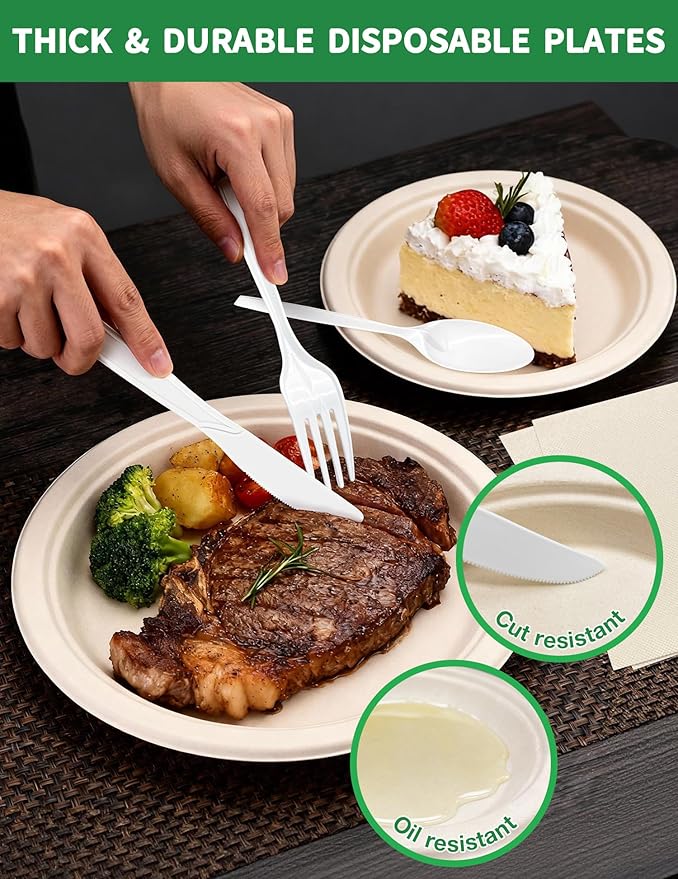 300 Pcs Compostable Dinnerware Set - Serves 50 Guests with Heavy Duty 9 & 7 Inch Plates, Napkins & Cutlery | Biodegradable Sugarcane Eco-Friendly Party Supplies for Birthday, Christmas, Holiday