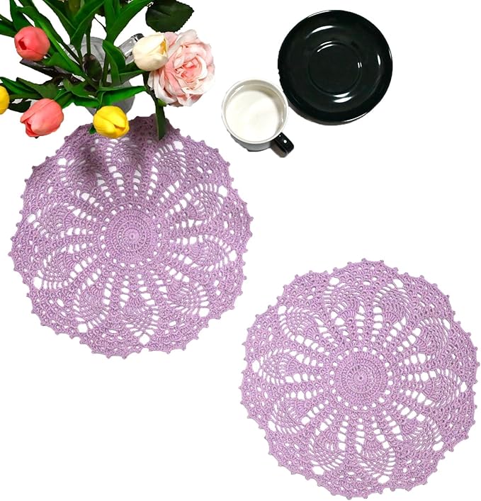 BIBITIME Lace Doilies Crochet Handmade Lace Coasters Round Placemat Rustic Table Doilies Decors for Kitchen Dining Room Party Dressers (11 inches to 12 inches,Pack of 2 PCS, Light Purple)