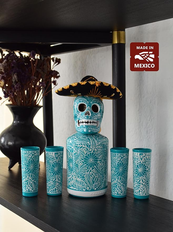 Tequila Decanter Set, Liquor Decanter with Shot Glasses and Mexican Sombrero, Hand-painted Decanter, Skull Decanter, Bar Decoration, Unique Tequila Gift, Gift For Dad (Turquoise Charro Set)