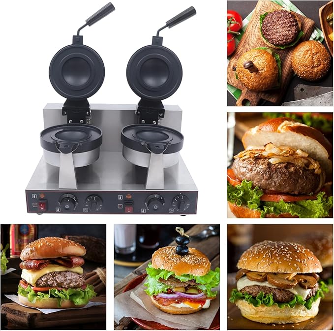 Electric Burger Maker Machine, Commercial Hamburger Grill Toaster, Panini Sandwich Press Tools, Bread Pancakes Baking Machines for Home, Kitchens, Breakfast Shops, Mobile Vendors (Dual)