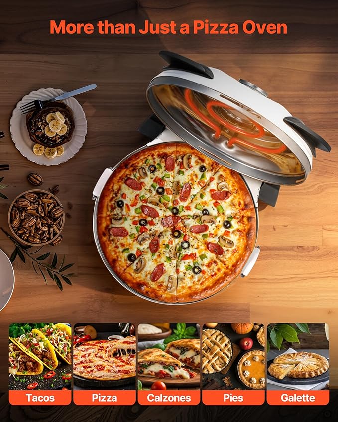 VEVOR Pizza Oven, 12 in Electric Pizza Maker, 1200W Electric Pizzas Cooker with Cordierite Stone, 5-Mode Temperature Control, Viewing Window for Precise Cooking, Heats up to 788 ˚F, for Home (White)