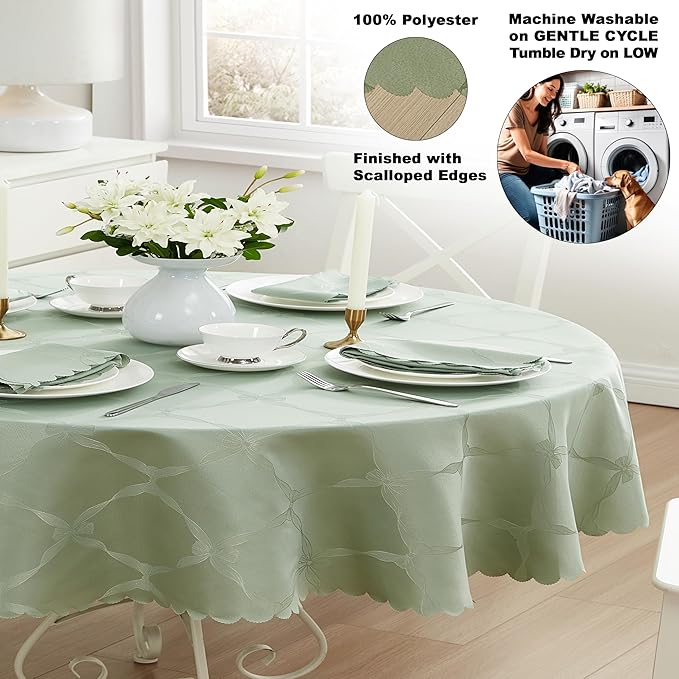 Newbridge Ribbons and Bows Damask Spring & Easter Holiday Fabric Tablecloth, Sage Green, 60 x 102 Inch Oval, Wrinkle & Stain Resistant Table Cover