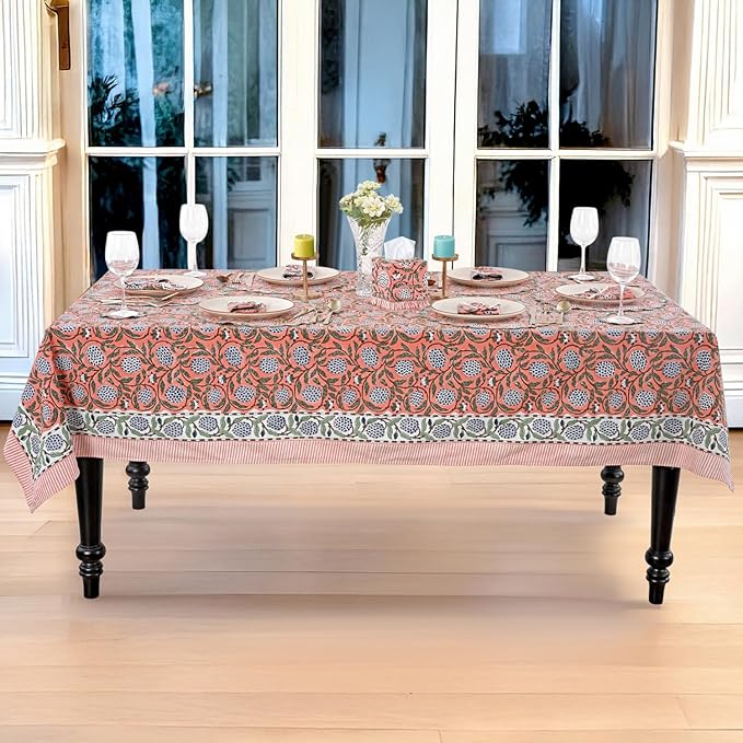 Ridhi Hand Block Print Dark Salmon Pink Rectangle Cotton Tablecloth 108" x 60" Reusable Table Cover Decorative Everyday Use for Dining, Farmhouse, Home Gift for Spring, Easter, Valentine
